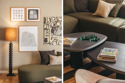 Leticia buscó a WATT!, un estudio de Iluminación de Montevideo que diseña luminarias innovadoras a las que se les puede elegir el pie y variar el color y tamaño de pantalla, para crear la lámpara ideal para este espacio. Mesas ratonas de madera poro abierta laqueadas (La Ibérica).