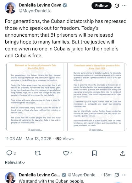 Levine Cava sostuvo que la verdadera justicia llegará cuando nadie sea encarcelado en la isla por sus creencias