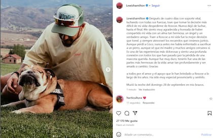 Lewis Hamilton despidió a Roscoe en sus redes sociales