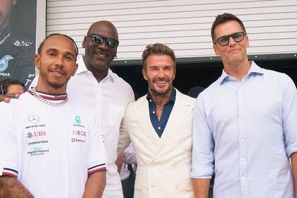 Lewis Hamilton, Michael Jordan, David Beckham y Tom Brady, en el Gran Premio de Fórmula 1 en Miami.