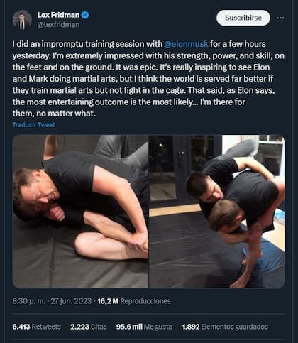 Lex Fridman publicó un tuit en el que alabó la habilidad de Elon Musk en la lucha libre, aunque le recomendó a él y a Mark Zuckerberg no concretar su desafío verbal