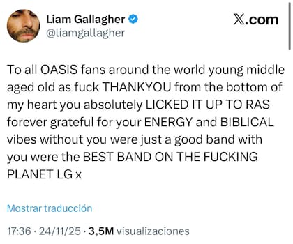 Liam Gallagher agradeciendo a sus fans por la energía en el tour Live 25