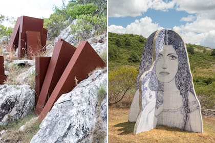 “Libros” de Edgardo Minond. Bloques de hierro color óxido, como restos de algún barco encallado (izquierda). “Las cuatro caras de la mujer”, pintura original sobre azulejos, de Pat Andrea. Una de las primeras esculturas de fantásticas mujeres, todas en una y en todas (derecha).