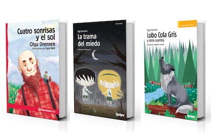 Libros para chicos y jóvenes de Olga Drennen: "Cuatro sonrisas y el sol", "La trama del miedo" y "Lobo Cola Gris y otros cuentos"