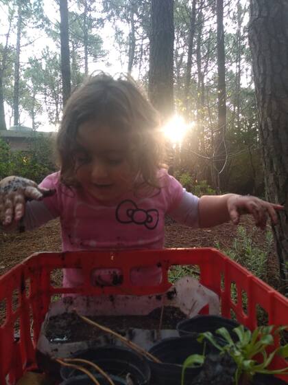 Lila, la hija de Lucía, juega en el bosque; va a sala de 4 al jardín de infantes en Mar Azul