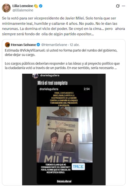 Lilia Lemoine sostuvo que a Villarruel "la domina el vicio del poder"