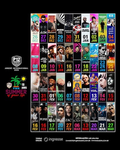 Line up de artistas que tocarán en Parador 12 de Jureré, Florianópolis, esta temporada de verano