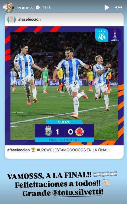 Lionel Messi apoyó, a la distancia, a los jugadores del Sub 20 y felicitó a Mateo Silvetti