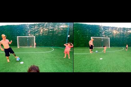 Lionel Messi juega en la "canchita" de su casa con Thiago y Mateo.