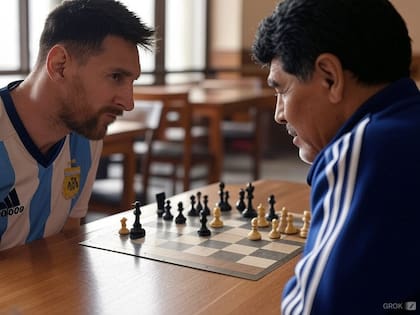 Lionel Messi y Diego Maradona jugando al ajedrez, una imagen generada por IA con Grok