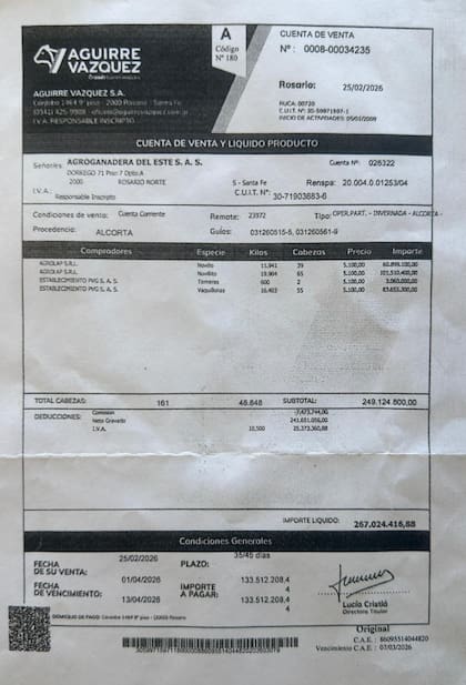 Liquidación de la consignataria Aguirre Vázquez S.A., fechada el 25 de febrero de 2026, que detallaría la venta de 161 bovinos por $267.024.416,88 a nombre de Agroganadera del Este S.A.S