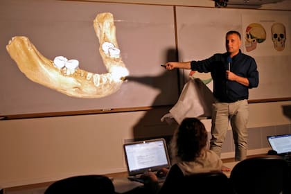 Liran Carmel de la Universidad Hebrea presenta un modelo 3D de la mandíbula del humano prehistórico