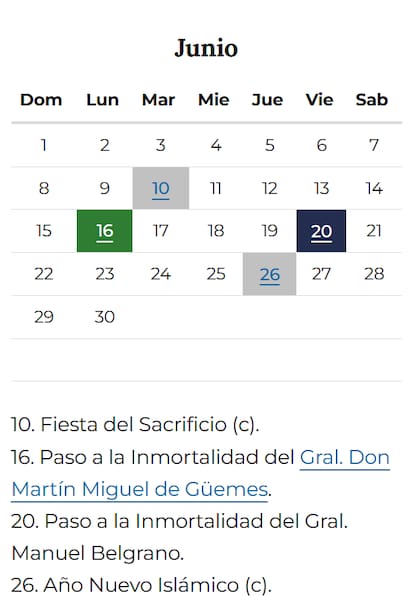 Lista de feriados establecidos por la Jefatura de Gabinete para junio 2025