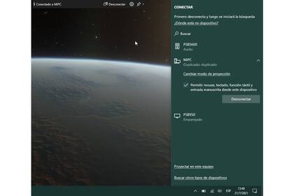 Listado de equipos disponibles para proyectar y la opción para usar el teclado y el mouse de la máquina que va a proyectar