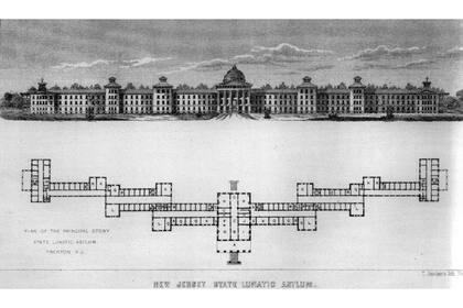 Litografía del diseño de Kirkbride para el Trenton State Hospital (New Jersey State Lunatic Asylum), 1848