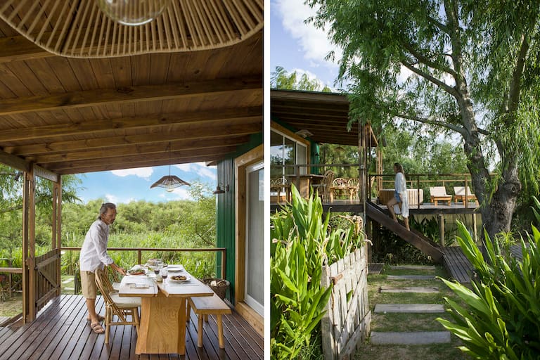 La cabaña conecta con su entorno a través de dos galerías: la del frente mira al Oeste y esta, conectada con el cuarto, para contemplar el amanecer. Fotos: Santiago Ciuffo/LIVING