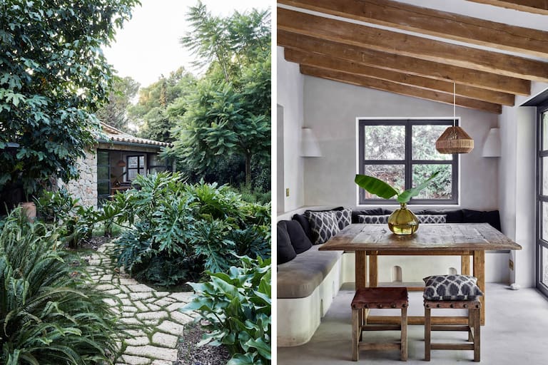 En la galería a la que dan uno de los tres dormitorios y el comedor diario (al fondo), el piso se hizo con el mismo mortero de cal que los del interior, pero acá con un dibujo trazado con piedras del lugar cortadas a mano. Los ambientes tienen grandes ventanales que conectan con la vegetación del jardín en diálogo con las plantas de interior.
Fotos: Greg Cox