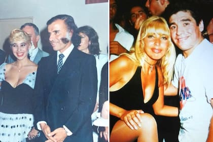 Liz Fassi Lavalle, con Menem, quien fue el padrino de su casamiento; en otra postal, junto a Maradona. 