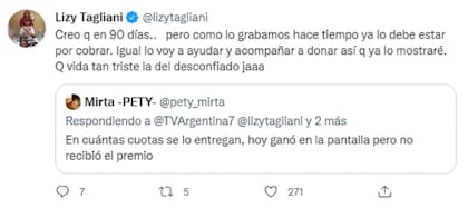 Lizy Tagliani le respondió a una usuaria que desconfió de la entrega del premio de Trato hecho