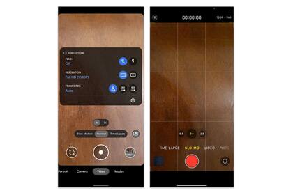 Llegar a la configuración de video en cámara lenta y de cámara rápida en la aplicación Cámara de Google, a la izquierda, y en la aplicación iOS Camera de Apple puede tomar algunos pasos. Un toque en la parte superior de la pantalla te permite ajustar la resolución del vídeo y la velocidad de fotogramas