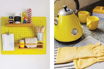 Lleno de energía, el amarillo se repite en detalles de toda la casa, como en este Board (Börd). la pava (Peabody), los guantes, las tazas (Casa Viló) y hasta el mate (Nelo Argentina).