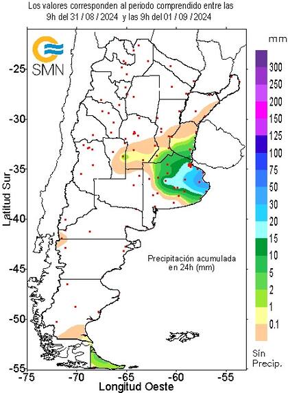 Lluvias entre el 31 de agosto y el 1° de septiembre hasta las 9 AM