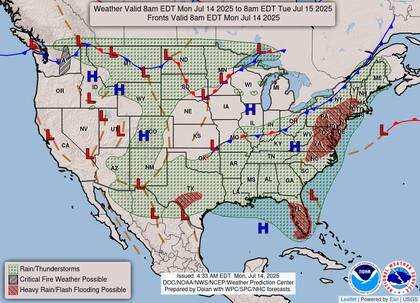 Lluvias torrenciales en la costa este: una masa de aire húmedo y un frente semiestacionario provocarán fuertes tormentas desde Washington D. C. hasta Nueva Jersey, con riesgo de inundaciones repentinas en ciudades como Filadelfia, Baltimore y Trenton