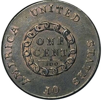 Lo característico y distintivo de esta emisión es el grabado de la leyenda completa, el uso de las cadenas en el reverso, y su condición "brown" destinado a las piezas que presenta un color oxidado del cobre