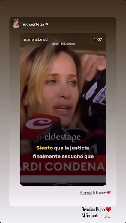"Lo lograste", escribió India Ortega en una historia dirigida a Julieta Prandi (Instagram @indiaortega)