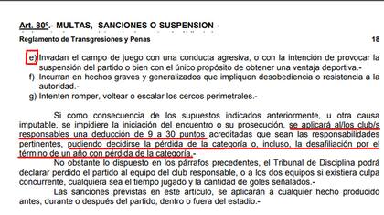 Lo que dice el inciso E del Artículo 80 del Reglamento de Transgresiones y Penas de la AFA
