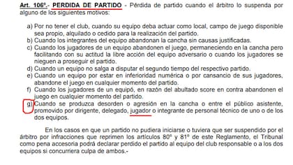 Lo que dice el inciso G del Artículo 106 del Reglamento de Transgresiones y Penas de la AFA