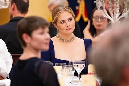 Lo que más llamó la atención del estilismo de Amalia fue la joya histórica que llevó al cuello: se trata del collar de panal -tipo choker realizada por la firma alemana Koch- que data de 1901 y fue un regalo de la reina Emma con motivo del enlace de su hija Guillermina. Además, sumó unos pendientes de diamantes a juego.