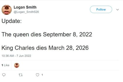 Logan Smith habría posteado su tuit con los vaticinios sobre la fecha de la muerte de Isabel II y de Carlos III en 7 de junio de 2022
