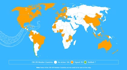 Los 90 paises que han firmado el tratado; en el mapa todavía no aparece la Argentina, que ayer se convirtió en el firmante número 91 (Fuente: ONU)