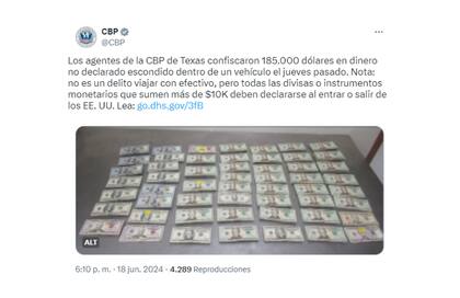 Los agentes del CBP informaron que hallaron más de 180 mil dólares no declarados dentro del vehículo