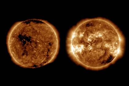 En la actualidad, la mitad inferior del Sol muestra dos regiones activas: áreas de campos magnéticos intensos que a menudo están asociadas con la actividad solar y las erupciones