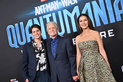 LOS ANGELES, CALIFORNIA - FEBRUARY 06: (L-R) Dylan Michael Douglas, Michael Douglas, and Catherine Zeta-Jones attend Marvel Studios' ‚ÄúAnt-Man and The Wasp: Quantumania" at Regency Village Theatre on February 06, 2023 in Los Angeles, California. (Photo by Axelle/Bauer-Griffin/FilmMagic)