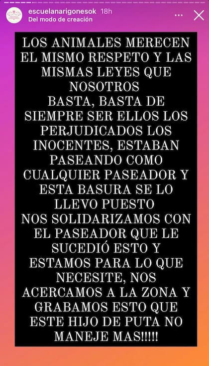 "Los animales merecen el mismo respeto y las mismas leyes que nosotros", así empieza el reclamo del perfil Escuela Narigones que se viralizó en las redes