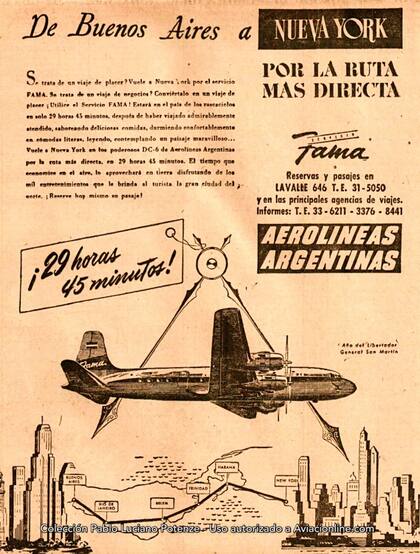 Los anuncios de los primeros vuelos de Buenos Aires a Nueva York, en 29 horas y 45 minutos, rn 1950