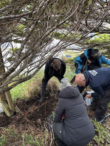 Los arqueólogos Alejandra Raies, Carlos Landa, Sebastián Avila y Nicolasa Ciarlo, trabajando en el área de la casa del farero en San Juan de Salvamento