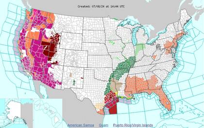 Los avisos de calor (naranja) y alertas por calor excesivo (violeta) en EE.UU.