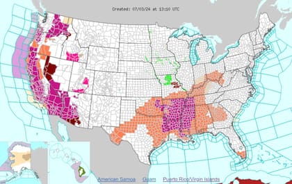 Los avisos de calor (naranja) y alertas por calor excesivo (violeta) en EE.UU.