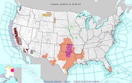 Los avisos de calor (naranja) y calor excesivo (violeta) en EE.UU.