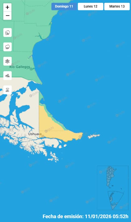 Los avisos por vientos fuertes en el sur del país.