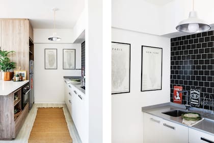 El breve pasillo logra una muy práctica cocina longitudinal, iluminada, cómoda y con mucho espacio de guardado.
