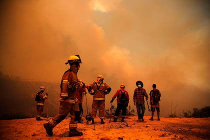 Los bomberos luchan contra las llamas en Quilpe, Valparaiso. (Javier TORRES / AFP)