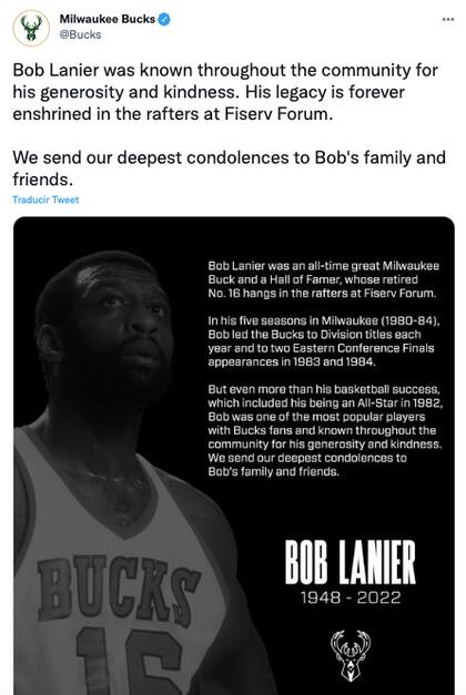Los Bucks despidieron a Bob Lanier, legendario basquetbolista y multicampeón con la franquicia, quien falleció este miércoles a los 73 años.