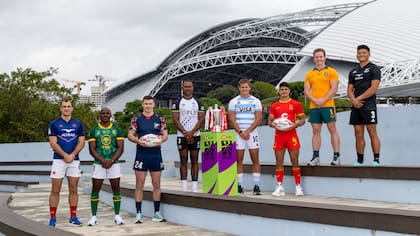 Los capitanes del equipo masculino posan para una foto antes del HSBC SVNS Singapur 2026 en el Estadio Nacional el 27 de enero de 2026 en Singapur