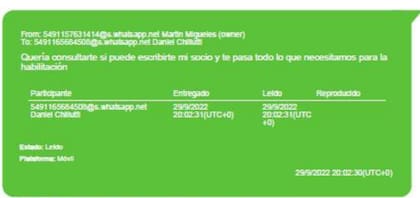 Los chats de Daniel Chiliutti con Martín Migueles.
