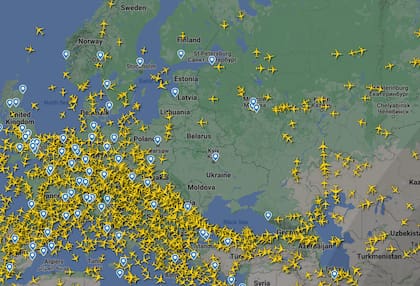 Los cielos sobre Europa, Bielorrusia y Rusia. Fuente: Flightradar24